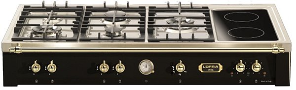 Rangetop Preto fosco 120 cm, de embutir, 5 queimadores profissionais a gás, 2 zonas elétricas, manípulos e varão em latão polido, Lofra Dolcevita -220V