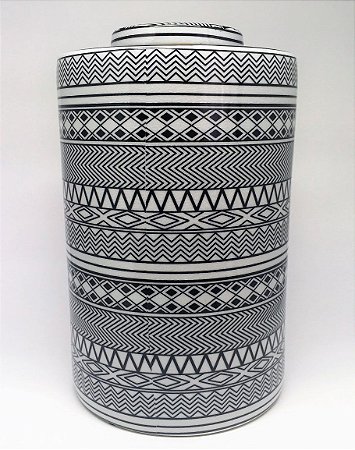 Potiche tribal de porcelana preto e branco - 33 x 21 cm