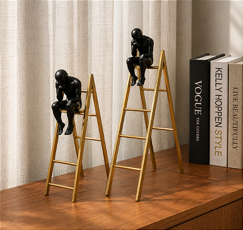 Escultura Decorativa Escada com Homem Pensando – Arte, Reflexão e Sofisticação | Casa de Lila