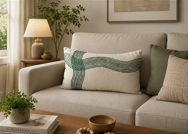 Almofada de Linho Bege com Aplique em Rami Verde 35 x 52 cm – Textura Natural e Elegância | Casa de Lila