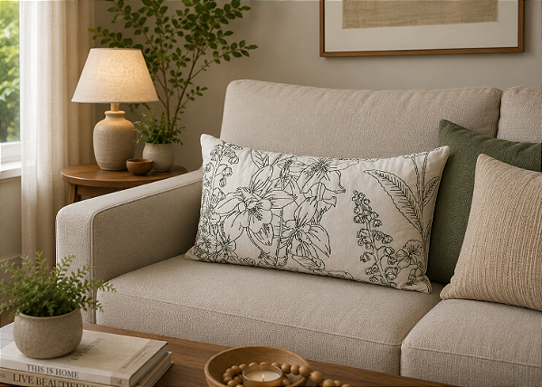 Almofada de Sarja Bege com Bordado Verde 35 x 52 cm – Elegância e Textura na Decoração | Casa de Lila