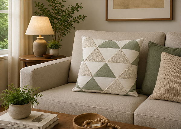 Almofada de Veludo com Bordado e Cordão Mescla Verde e Bege 52 x 52 cm – Elegância e Conforto na Decoração | Casa de Lila