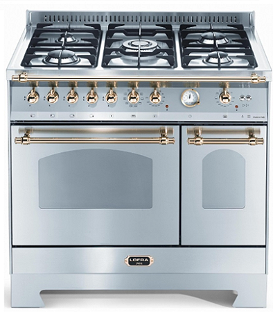 Fogão 90 cm Inox Escovado, de piso e de embutir, 5 queimadores a gás, 2 fornos elétricos com churrasqueiras, Vintage, Lofra- 220V