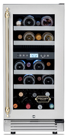 Adega Tecno Vintage 38 cm, de piso e de embutir, p/ 23 garrafas, abertura p/ direita, 2 zonas de temp., puxador em latão polido, 220V - Casa de Lila