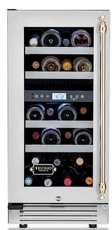 Adega Tecno Vintage 38 cm, de piso e de embutir, p/ 23 garrafas, abertura p/ esquerda, 2 zonas de temp., puxador em latão polido, 220V - Casa de Lila