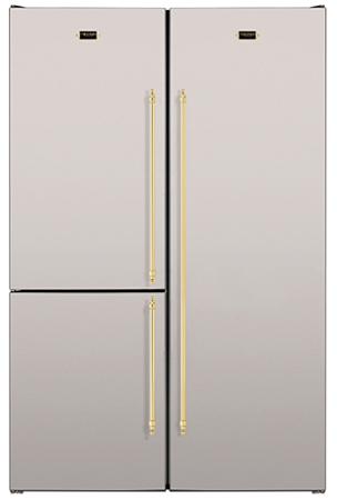 Refrigerador de embutir e de piso DUO 700 V2, bottom freezer e all refrigerator, 704 litros, abertura freezer reversível e refrigerador à direita, puxadores em latão polido, Tecno Vintage - 220V