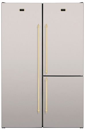 Refrigerador de embutir e de piso DUO 600 V2, all freezer e bottom freezer, 602 litros, abertura all freezer à esquerda e bottom freezer reversível, puxadores em latão polido, Tecno Vintage - 220V