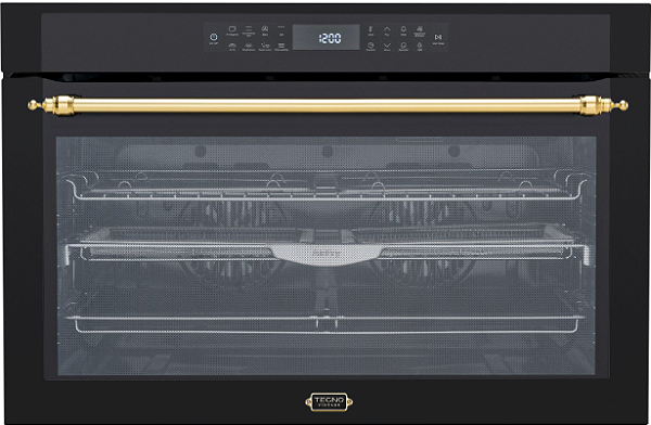 Forno Tecno Vintage 90 cm, elétrico, 138 litros, com Air Fry, convecção dupla, 15 funções, preto fosco e puxador em latão polido, 220V - Casa de Lila