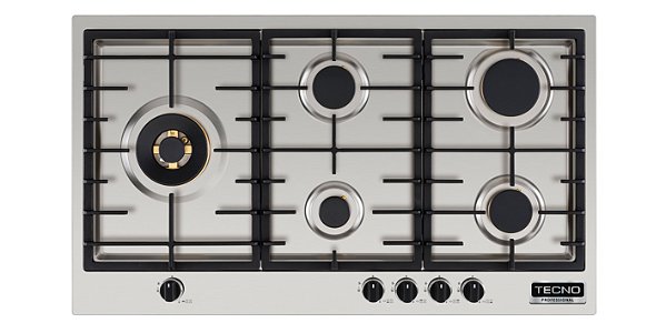 Cooktop á gás filotop 90 cm Professional, 5 queimadores profissionais a gás, emblema Tecno cromado, com queimador Dual Flame de 4.000 W, Tecno Professional-220V