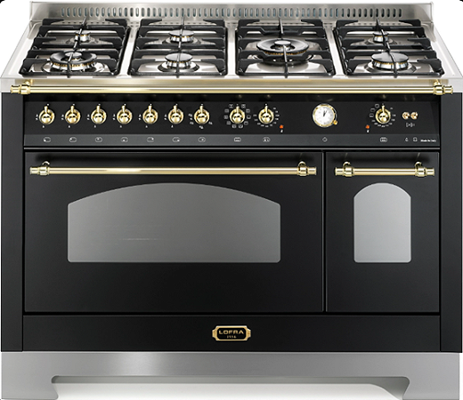 Fogão a gás Dolce Vita Preto Fosco, 120 cm, de piso e de embutir, 7 queimadores a gás, 2 fornos elétricos, VIntage, Lofra- 220V