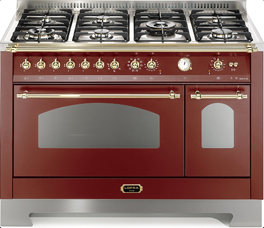 Fogão a gás Dolce Vita Vinho, 120 cm, de piso e de embutir, 7 queimadores a gás, 2 fornos elétricos, Vintage, Lofra- 220V