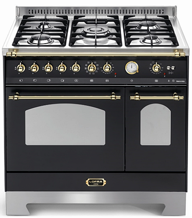 Fogão 90 cm Preto fosco, de piso e de embutir, 5 queimadores a gás, 2 fornos elétricos com churrasqueiras, Vintage, Lofra- 220V