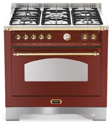 Fogão Vinho 90 cm, de piso e de embutir, 5 queimadores a gás, forno elétrico com churrasqueira,Vintage, Lofra- 220V