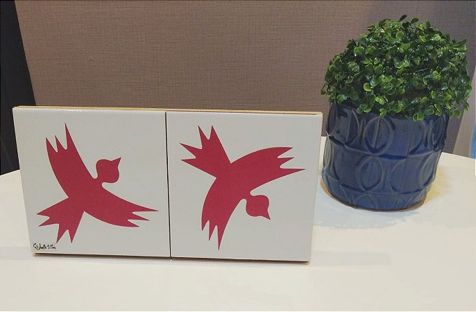 Azulejo  Duplo Personalizado Artista Elizabeth Titon 30 x 15 cm - Pássaro Vermelho