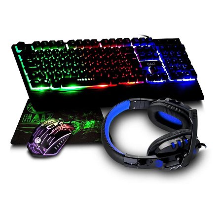 Kit Gamer Completo Teclado Led Mouse Headset 5.1 Fone Haiz HZ-26 Azul