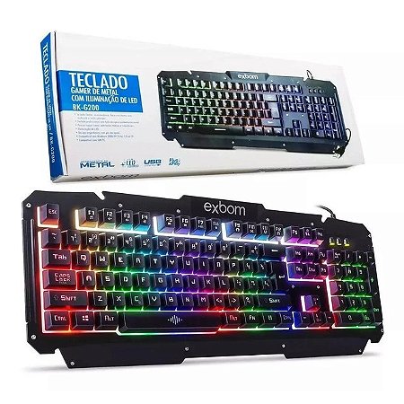 Teclado Gamer Qwerty PT Brasil Luz Iluminação Rgb Metal Exbom BK-G200