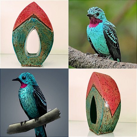 Escultura "Manhãs de Brilho e Cor na Verde Imensidão" - Cotinga-Cayana - Série Pássaros do Brasil - Cerâmica de Alta Temperatura - Feito a Mão