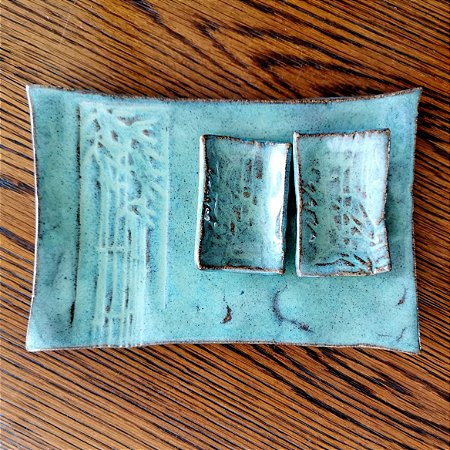 Kit japonês em Cerâmica feito a mao - Linha BAMBU II com 3 pecas: 1 prato retangular + 2 mini pratinhos