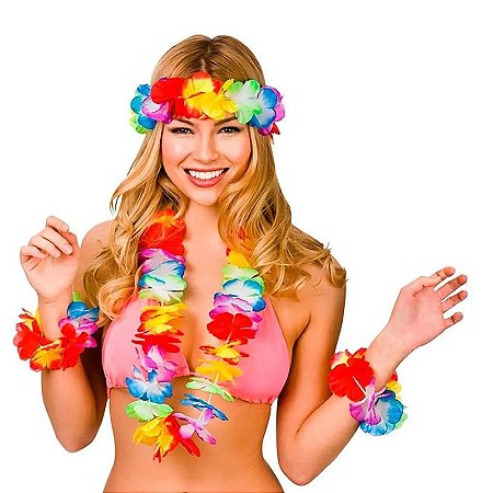 Kit Havaiano Colar Coroa Pulseira Tradicional Carnaval 4 pçs