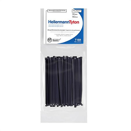 ABRAÇADEIRA DE POLIAMIDA 100MMX2,5MM T18R PRETA C/100 UNIDADES - HELLERMANNTYTON