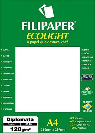 PAPEL ECOLIGHT DIPLOMATA OPALINE 120 G/M² A4 BRANCO NATURAL C/30 FLS - FILIPERSON