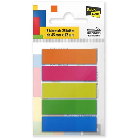 MARCADOR DE PÁGINA 45MMX12MM 5 CORES TRANSPARENTE STICK NOTE 125 FLS - SPIRAL