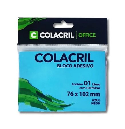 BLOCO ADESIVO 76MMX102MM AZUL NEON 100 FLS - COLACRIL