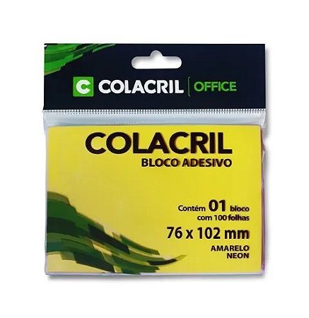 BLOCO ADESIVO 76MMX102MM AMARELO NEON 100 FLS - COLACRIL