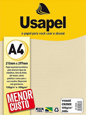 PAPEL VERGÊ 180 G/M² A4 CREME C/50 FLS - USAPEL