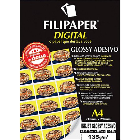 PAPEL FILIPAPER INKJET GLOSSY ADESIVO 135 G/M² A4 BRANCO C/10 FLS - FILIPERSON