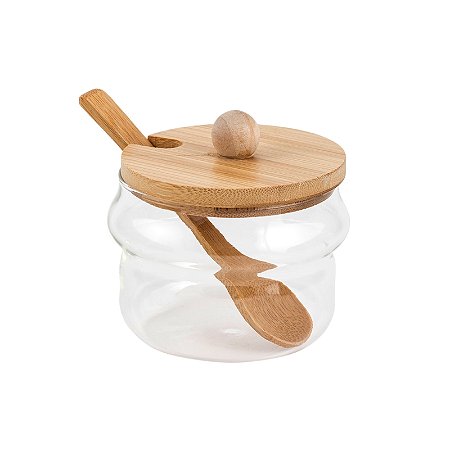 AÇUCAREIRO DE VIDRO COM TAMPA E COLHER BAMBU 250ML - MIMO STYLE