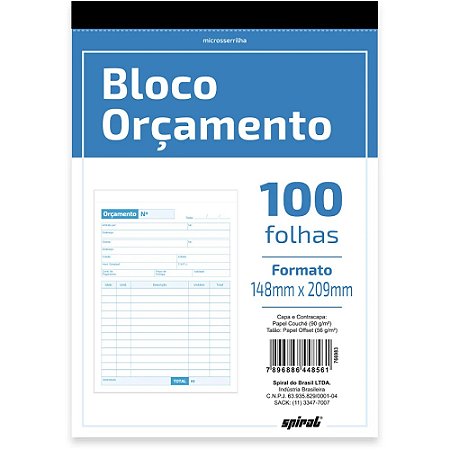 BLOCO ORÇAMENTO 148MMX209MM 1 VIA 100 FLS - SPIRAL