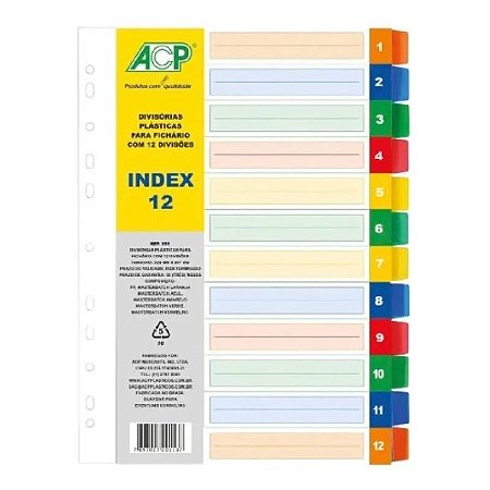 DIVISÓRIA PLÁSTICA PARA FICHÁRIO A4 COLORIDA C/12 - ACP