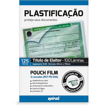 FILME PARA PLASTIFICAÇÃO TÍTULO DE ELEITOR 66X99X0,05 C/100 UNIDADES - SPIRAL