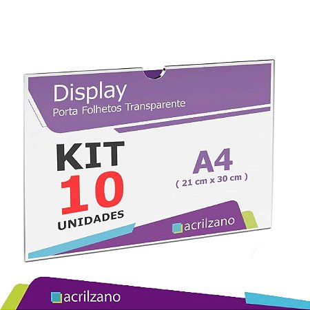 DISPLAY ACRÍLICO DE PAREDE A4 HORIZONTAL 30X21 C/10 UNIDADES - ACRILZANO