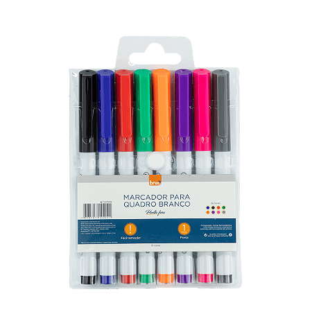 MARCADOR PARA QUADRO BRANCO PONTA FINA C/8 CORES - BRW
