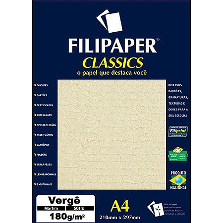 PAPEL VERGÊ 180 G/M² A4 MARFIM C/50 FLS - FILIPERSON