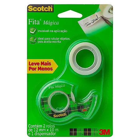 FITA MÁGICA SCOTCH 12MMX10M COM 2 ROLOS + 1 DISPENSADOR - 3M