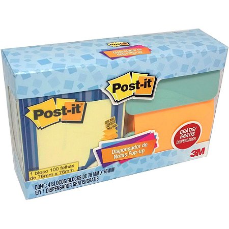 PORTA POST-IT AQUA PARA BLOCOS DE NOTAS ADESIVAS REFIL 76MMX76MM + 4 BLOCOS REFIL - 3M