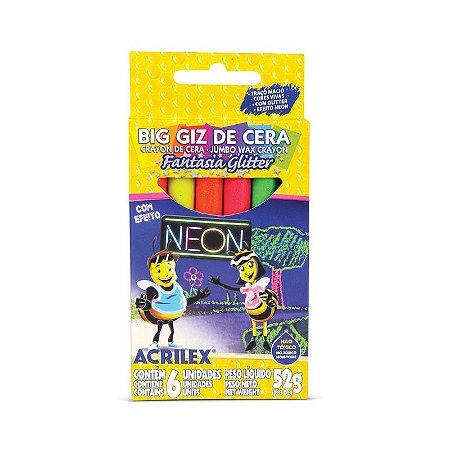 BIG GIZ DE CERA FANTASIA GLITTER COM EFEITO NEON C/6 CORES - ACRILEX