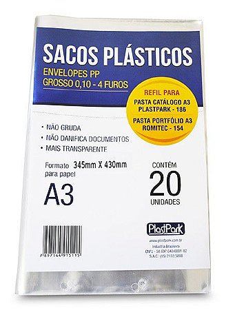 SACO PLÁSTICO PP A3 4 FUROS GROSSO C/20 UNIDADES - PLASTPARK