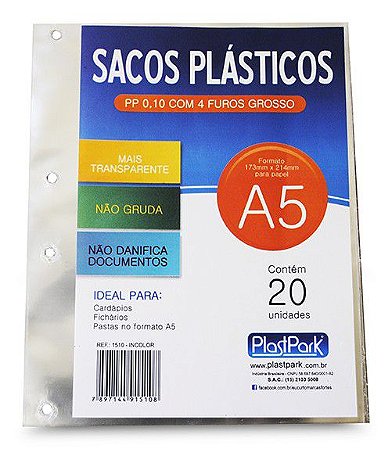 SACO PLÁSTICO PP A5 4 FUROS GROSSO C/20 UNIDADES - PLASTPARK