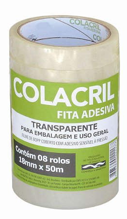 FITA ADESIVA PP 18MMX50M TRANSPARENTE C/8 UNIDADES - COLACRIL