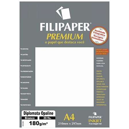 PAPEL DIPLOMATA OPALINE PREMIUM 180 G/M² A4 BRANCO C/20 FLS - FILIPERSON