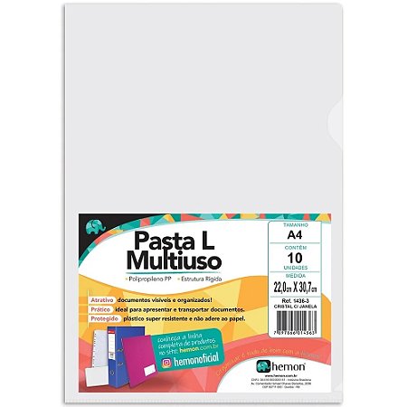 PASTA L A4 CRISTAL COM JANELA C/10 UNIDADES - HEMON