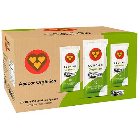 AÇÚCAR CRISTAL ORGÂNICO SACHÊS 5G C/400 UNIDADES - 3 CORAÇÕES