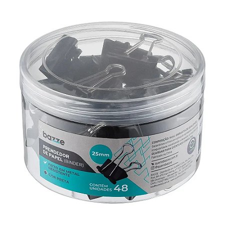 PRENDEDOR DE PAPEL PRETO 25MM C/48 UNIDADES - BAZZE