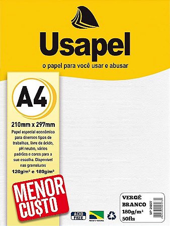 PAPEL VERGÊ 180 G/M² A4 BRANCO C/50 FLS - USAPEL