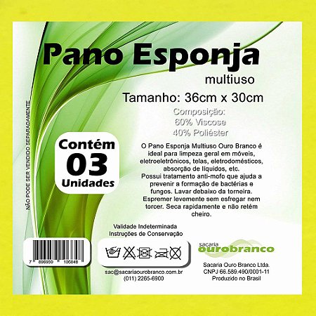 PANO ESPONJA MULTIUSO 36CMX30CM AMARELO C/3 UNIDADES - OURO BRANCO