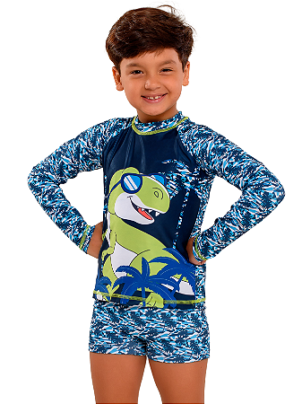 Conjunto Sunga Infantil + Blusa Proteção Uv50 Térmica Dry Dinossauro Verde